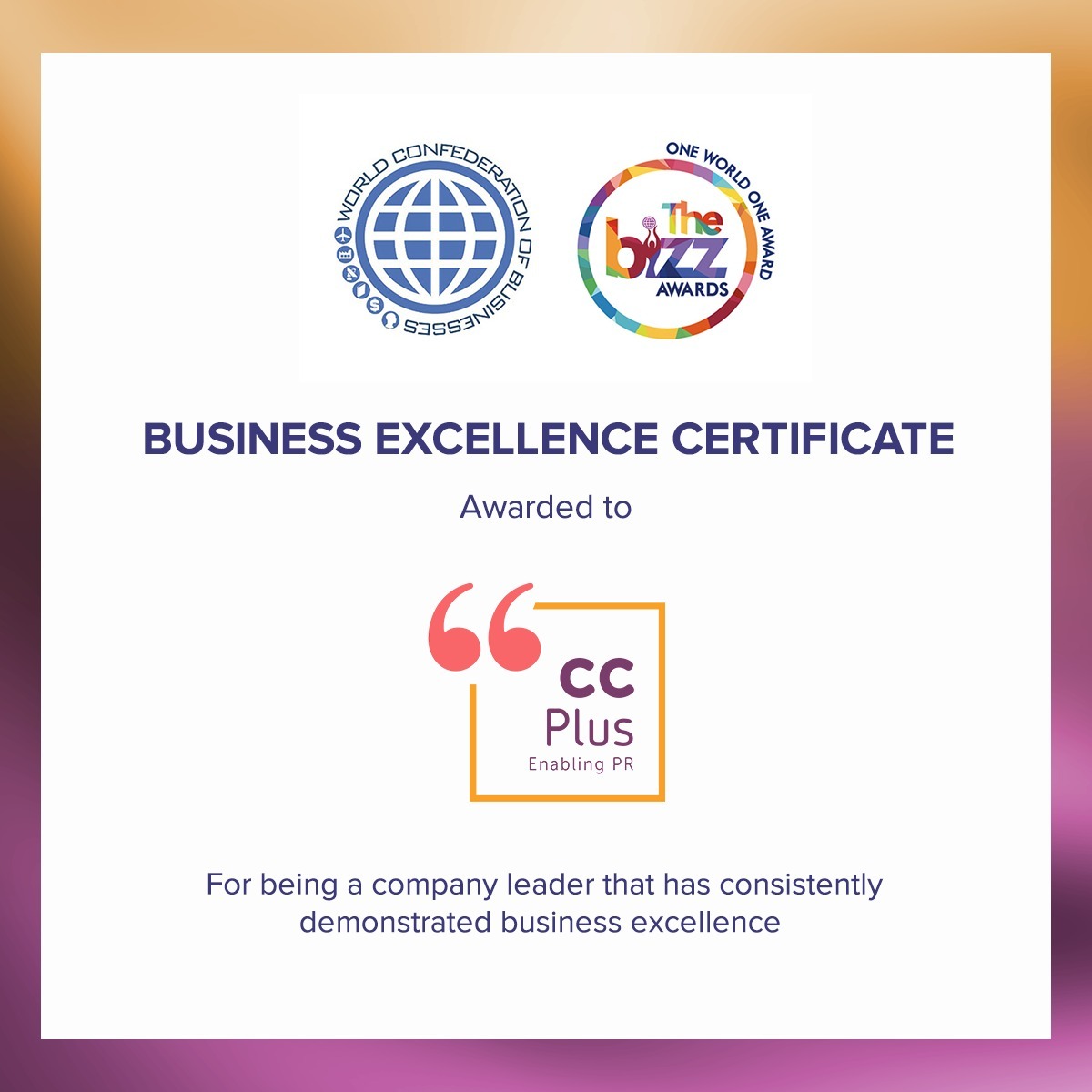 CC Plus has been honored with THE BIZZ AWARD for our commitment to business excellence.